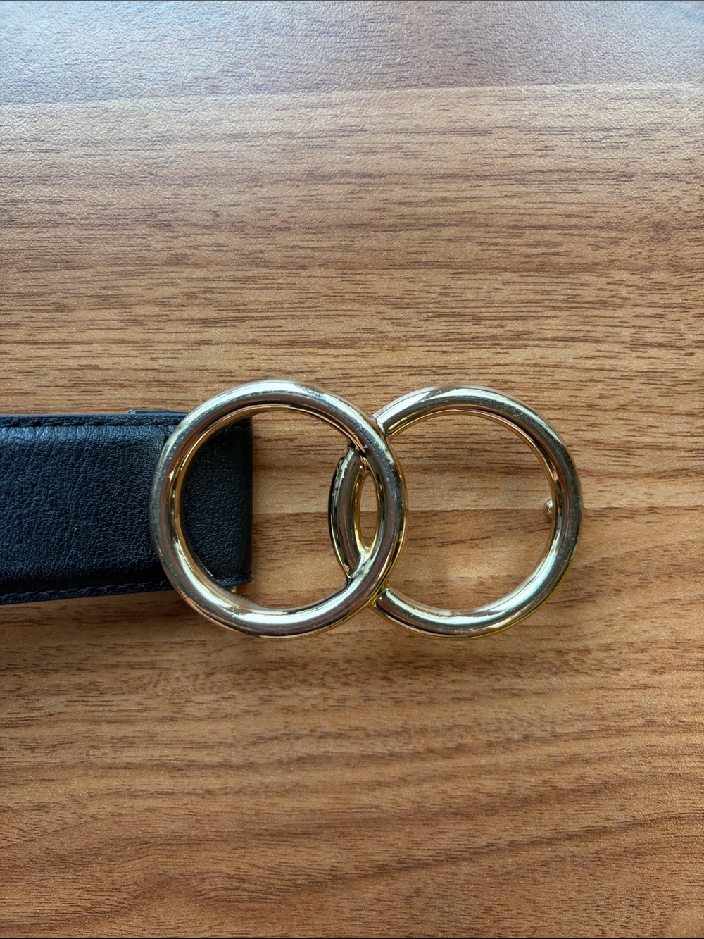 Express Black Leather Belt with Gold Double-Ring Buckle